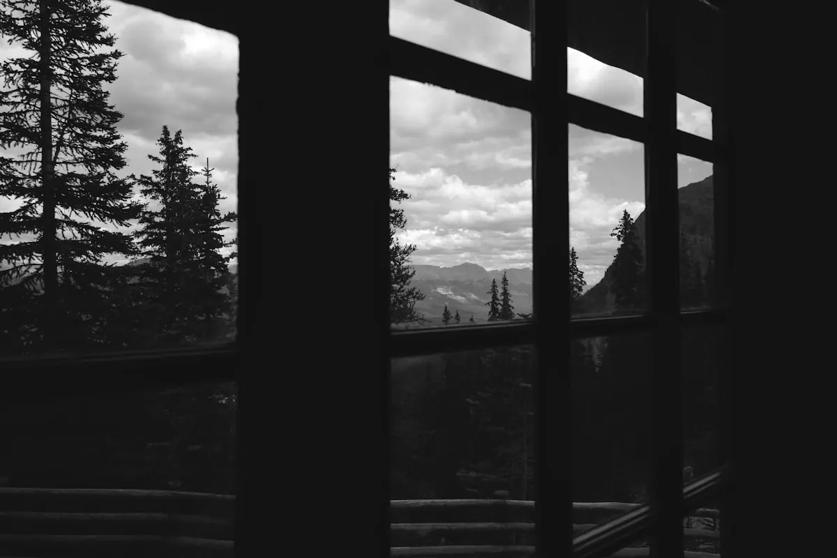 Dark room looking through tall windows at mountains and fir trees